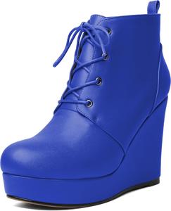 Женские ботильоны AUMOTED с круглым носком, на шнуровке, на платформе и каблуке-клине, 10 см, теплые ботинки для вечеринок и вечеров, Matte Royal Blue