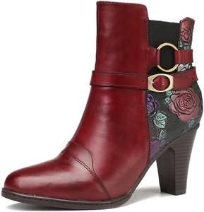 Женские ботильоны SOCOFY из кожи, высокий каблук, удобные, с цветочным узором, шнуровкой, кожаные зимние ботинки с меховой подкладкой, уличные противоскользящие ботинки на молнии для свадебной вечеринки и прогулок Eimeinuosy, Wine Red