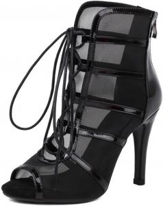 Женские сексуальные джазовые современные танцевальные туфли JXUZY с сеткой, на шнуровке, с высоким каблуком-кубиком, летние ботильоны Generic, D949-Black