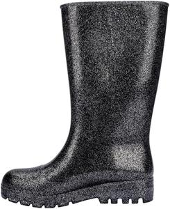 Женские резиновые сапоги Melissa Welly Jelly - водонепроницаемые сапоги средней высоты, мягкие и гибкие модные дождевые сапоги с протекторной резиновой подошвой, веганские, Black/Glitter Silver