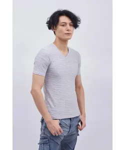 Жаккардовая футболка с коротким рукавом и V-образным вырезом и волнистой каймой Tornado Mart, цвет Light Gray