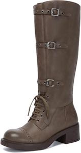 Женские сапоги Athlefit до колена с широким голенищем, пряжкой, для верховой езды, с квадратным носком, шнуровкой, массивным низким каблуком, Taupe