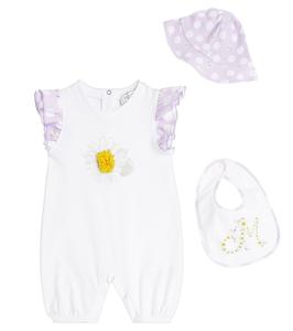Комплект из детского комбинезона, нагрудника и панамы Monnalisa, Bianco+Glicine