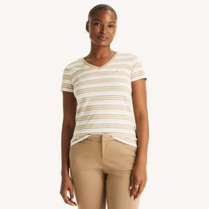 Женская футболка Nautica в полоску с V-образным вырезом, изготовленная из экологически чистых материалов, silver mink