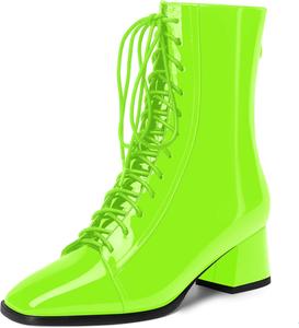 Женские ботинки WAYDERNS с квадратным носком, на шнуровке, с массивным невысоким каблуком 2 дюйма, лакированные, для походов и путешествий, с высоким голенищем, Lime Green