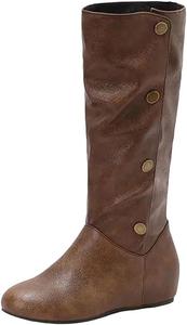 Женские повседневные ботинки средней высоты до икры с округлым носком, на танкетке, без застежки, с металлическими заклепками, большого размера Generic, Brown