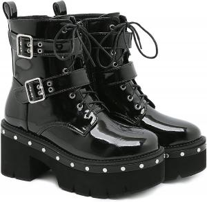 Женские ботинки на платформе с круглым носком, массивные ботильоны, панк-стиль, с шнуровкой и молнией, армейские ботинки Rui yue, Black-22-20