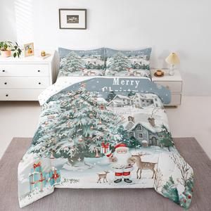 Erosebridal Комплект постельного белья с новогодним принтом Санта Клаус и ёлкой для детей, Postel Green