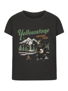 Женская футболка Box Tee с изображением Йеллоустонского медведя, играющего на банджо, в черном цвете. F4NT4STIC