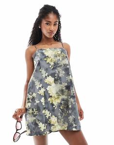 Мини-платье Monki из хлопкового поплина с завязками и желтым принтом