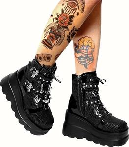 ZKXYFFS Женские черные готические ботильоны на платформе с круглым носком, шнуровкой, боевые ботинки на щиколотку, косплей, модные панк-мотоциклетные ботильоны