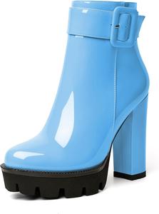 Женские ботильоны на платформе Esvowido, с круглым носком, грубой подошвой, пряжкой, массивным каблуком, молнией сбоку и мехом, зимние короткие ботинки, Light Blue