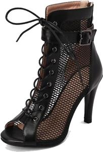 Женские джазовые модерн-латинские танцевальные ботильоны с открытым носком из сетки на шнуровке LITNERMIA, Xz003/Rubber Black