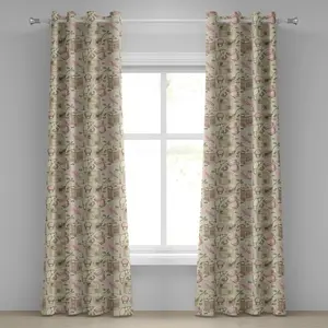 Штора на люверсах ABAKUHAUS с рисунком в стиле модерн, с изображением чайников, кексов, круассанов и выпечки, декоративная, двухпанельная, 280 x 245 см, серая, светло-розовая и белая. Abakuhaus