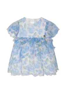 Платье с рюшами и цветочным принтом Roberto Cavalli Junior, белый