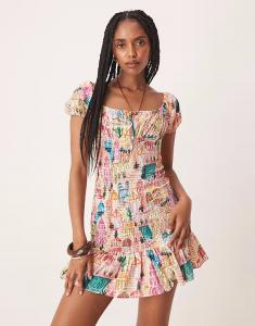 Мини-платье с завязкой спереди, сборками и цветочным принтом Asos Design