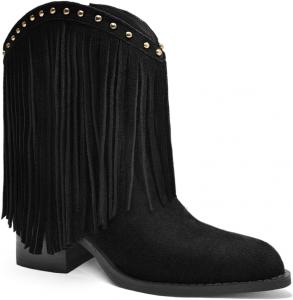 Женские ковбойские сапоги с бахромой, женские ковбойские сапоги с грубым каблуком, замшевые сапоги для женщин, средний голень, заостренный носок, на подъеме, с заклепками, западные ботильоны Cervigado, Black
