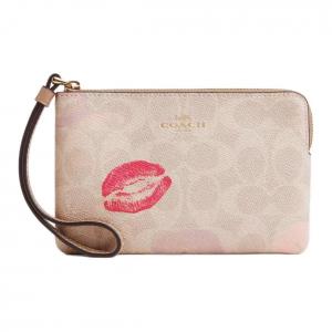 Угловая молния с покрытием из холста сумка на запястье клатч Трубы Женская Песочная Многоцветная COACH