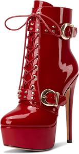 Женские лакированные ботильоны на платформе Aachcol, застежка на шнуровку, высокий каблук-стилет, пряжка и молния, короткие ботинки, туфли для выпускного платья, каблук 15 см, Burgundy Red