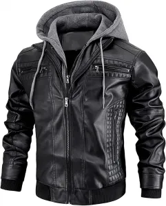 Мужская мотоциклетная куртка из искусственной кожи, куртка-бомбер из полиуретана, водонепроницаемая, ветрозащитная, байкерская куртка со съемным капюшоном, black