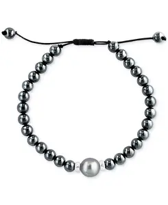 Мужской браслет Effy с черным таитянским жемчугом (10 мм) и гематитовыми бусинами в стиле боло из стерлингового серебра Effy Collection, silver