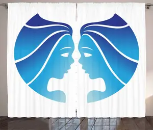 Штора ABAKUHAUS "Близнецы" в деревенском стиле, синие лица близнецов, универсальные ленточные шторы для гостиной с петлями и крючками, 280 x 245 см, сине-голубой с белым Abakuhaus