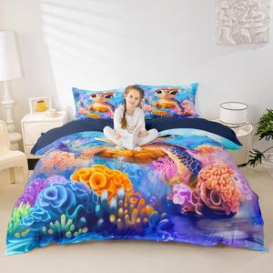Erosebridal Комплект постельного белья Lovely Turtle с подводным миром и красочными кораллами, Blue Purple