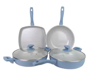 Набор из 6 кастрюль XL: сковорода-гриль, вок-сковорода, сковорода для тушения, сервировочная сковорода для всех типов плит, включая индукционные - синий Hatex