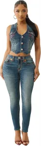 True Religion Women's Jennie Mid-Rise Skinny Flap Jeans – Super T Stitch Denim