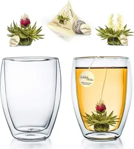 Набор из 2 стаканов с двойными стенками из термостакана 250 мл - Двойные стенки - Чайные цветы - Белый чай - Размер чашки - Флористический букет - Стеклянный цветок - Светлый чай. Стаканы для чая с двойными стенками. Markenlos