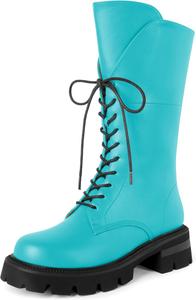 Женские боевые ботинки SAMMITOP, шнуровка, черные, средние по голени, низкий каблук, массивная подошва, круглый носок, ботинки для верховой езды, каблук 2 дюйма