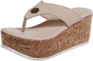 Женские сандалии ZBYY на платформе и танкетке, летние повседневные пляжные сандалии с ремешком между пальцами, туфли на высоком каблуке, бежевый