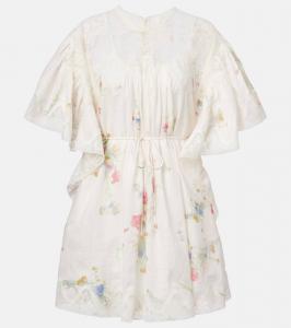 Счастливое мини-платье из льна с кружевной отделкой Zimmermann, Cream Bouquet Floral