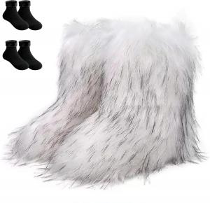 Женские короткие зимние сапоги с искусственным мехом, пушистые и мягкие, удобные, средние по голенище, на плоской подошве, модные, для свиданий, прогулок, фото и путешествий. В комплекте 2 пары носков с флисовой подкладкой. Generic, 23