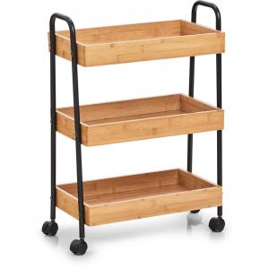 Декоративная полка Сервировочный тележка, бамбук/металл, черный с полностью подвижными роликами Zeller Present, Natur