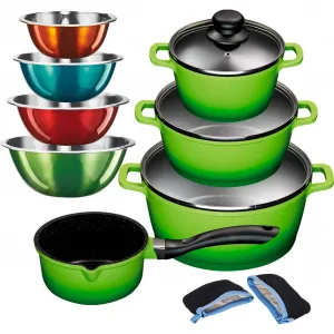 Набор кастрюль King Aluguss с комплектом мисок, зеленый