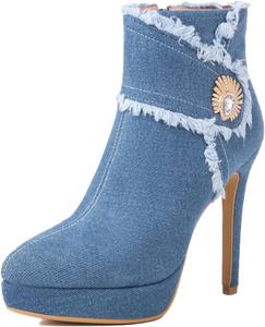 Женские модные джинсовые ботильоны DirraBra с заостренным носком, шпилькой, боковой молнией, высоким каблуком, средней длины, удобные для улицы, повседневные модные короткие ботинки, Blue