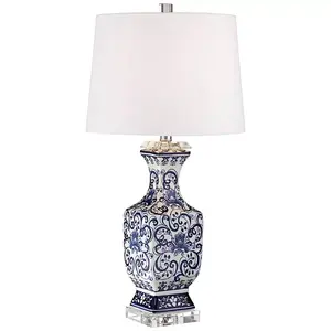 Настольная лампа Iris в винтажном стиле высотой 28 дюймов, сине-белая, с цветочным узором, с настольным диммером, белый барабан, для спальни, гостиной, прикроватной тумбочки, офиса Barnes And Ivy, blue