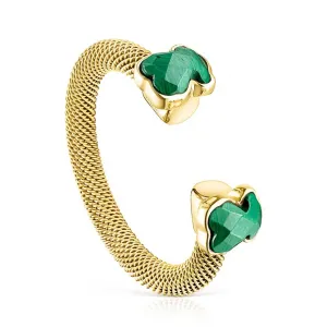 Кольцо Tous Mesh Color Open, позолеченное серебро/золотистая сталь/малахит