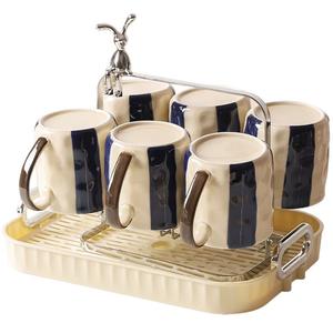 Кружка Kawasimaya B-809-2, 6 кружек с подносом и подстаканником, синий/бежевый