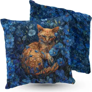 Подушка ПРЕМИУМ велюр 40 х 40 см с изображением кота в синих цветах, декоративная с наполнителем, для гостиной, спальни или в подарок 5made