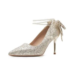 Xingdiman Тонкие каблуки на шпильке 8 см женские шампань золото жемчужная цепочка 6 см, цвет Champagne Gold Pearl Chain 6cm