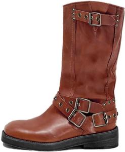 Женские сапоги Agodor до середины голени с широким низким каблуком, пряжкой, квадратным носком, мотоциклетные сапоги на молнии, ботильоны для езды на байке, Tan