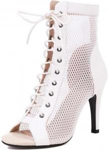 Huhren White Boots 9.5CM/3.74 in Women's Stiletto Open Toe Sandal Booties Lace-Up Summer Short Ankle Boots