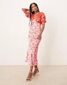 Платье мидакси Never Fully Dressed с принтом пальм в контрастных тонах красного и розового цвета