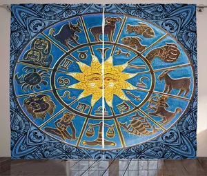 Штора ABAKUHAUS Гороскоп в деревенском стиле, зодиакальный круг, Солнце, универсальные ленточные шторы для гостиной с петлями и крючками, 280 x 225 см, цвет: лазурно-голубой и горчичный Abakuhaus