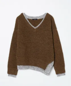 Многослойный асимметричный пуловер с V-образным вырезом и разрезом Jeanasis, цвет Brown (55)