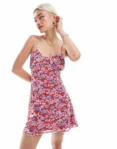 Мини-платье на бретелях с розовым принтом и сборками на груди Asos Design