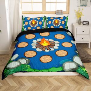 Erosebridal Комплект постельного белья Happy Camping с принтом лесных пейзажей и мультяшными пнями, зеленые листья, Blue Green Brown