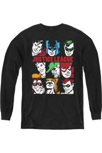 DC Comics Девять Блоков Справедливости молодежная футболка с длинным рукавом Gildan, черный